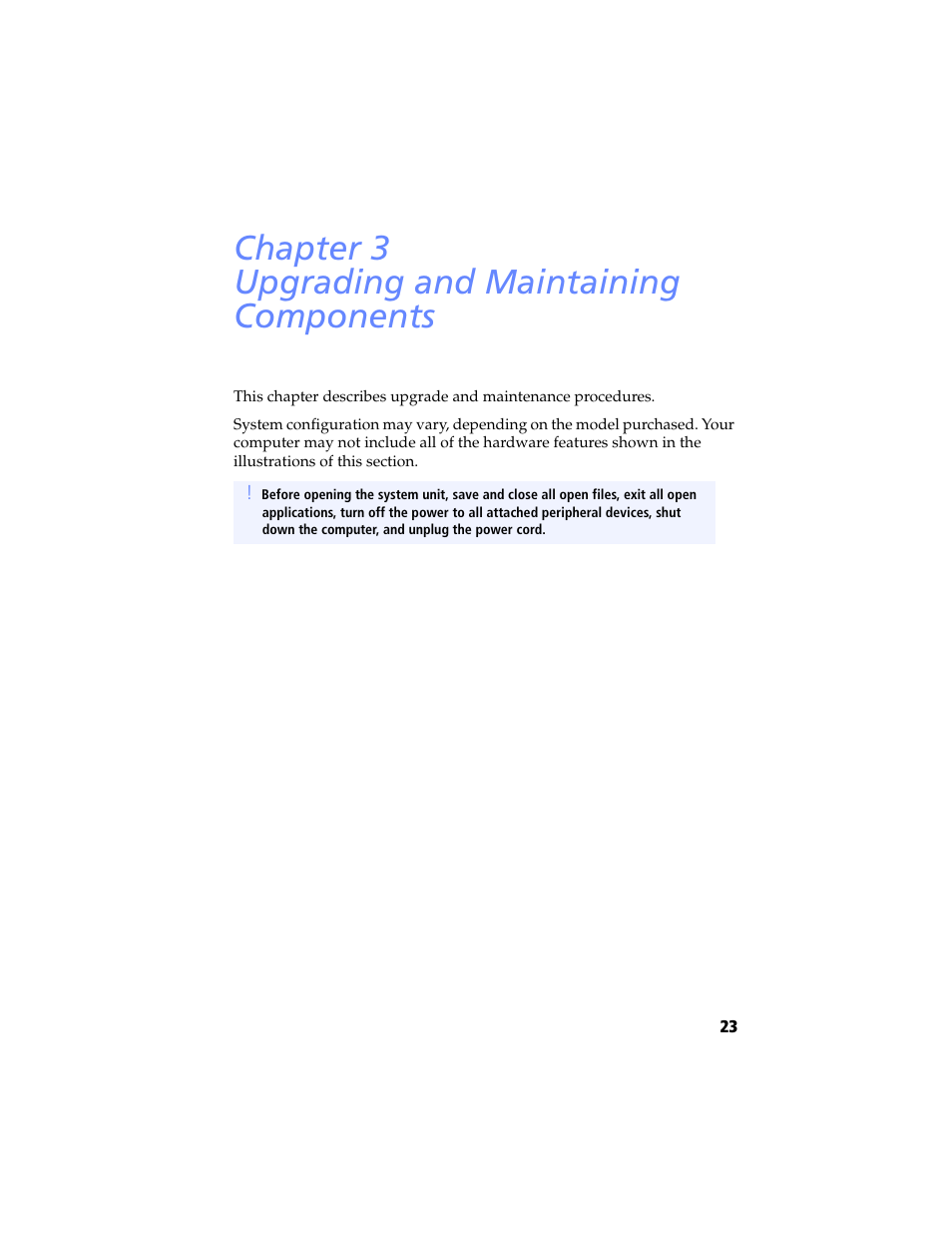 Upgrading and maintaining components, Chapter 3 — upgrading and maintaining components, Chapter 3 upgrading and maintaining components | Sony PCV-RS100 User Manual | Page 39 / 94