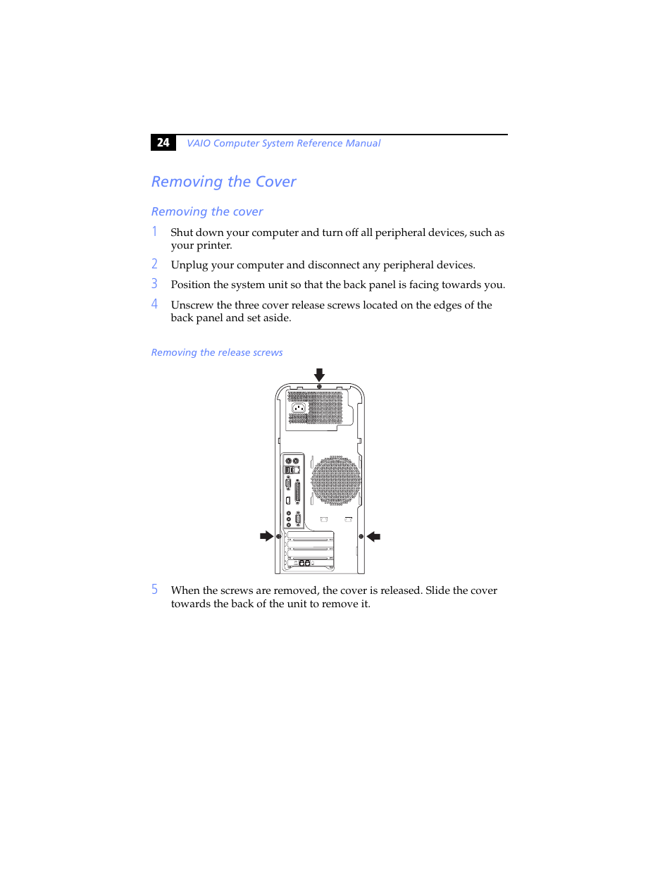 Removing the cover | Sony PCV-RS100 User Manual | Page 40 / 94