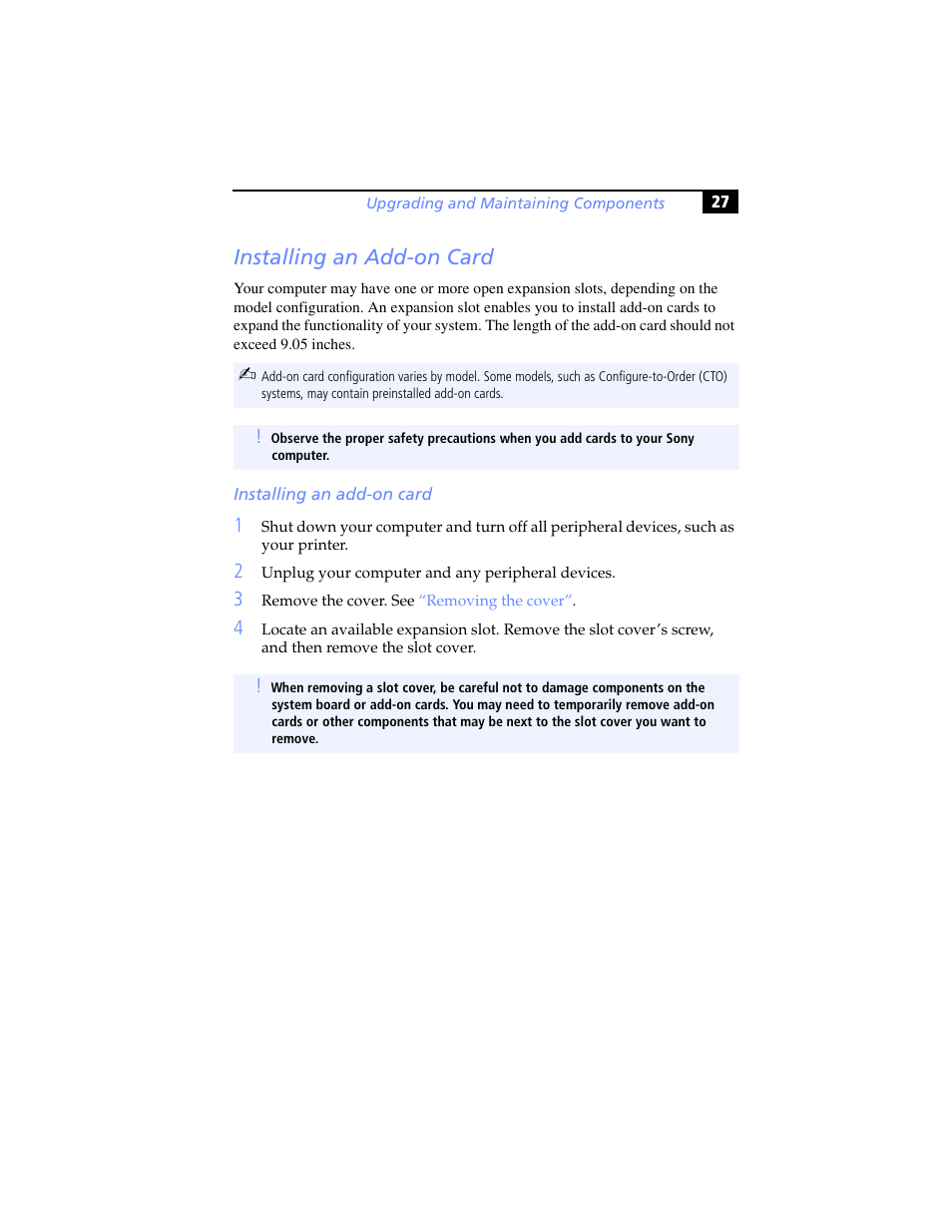 Installing an add-on card | Sony PCV-RS100 User Manual | Page 43 / 94