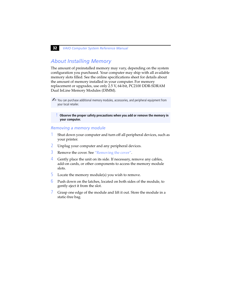 About installing memory, Removing a memory module | Sony PCV-RS100 User Manual | Page 48 / 94