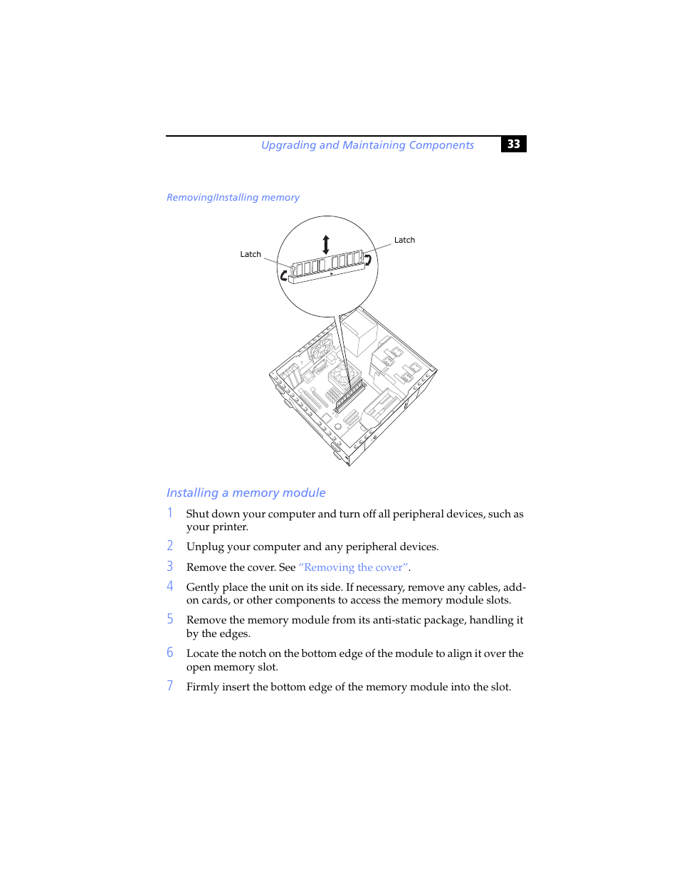 Installing a memory module | Sony PCV-RS100 User Manual | Page 49 / 94