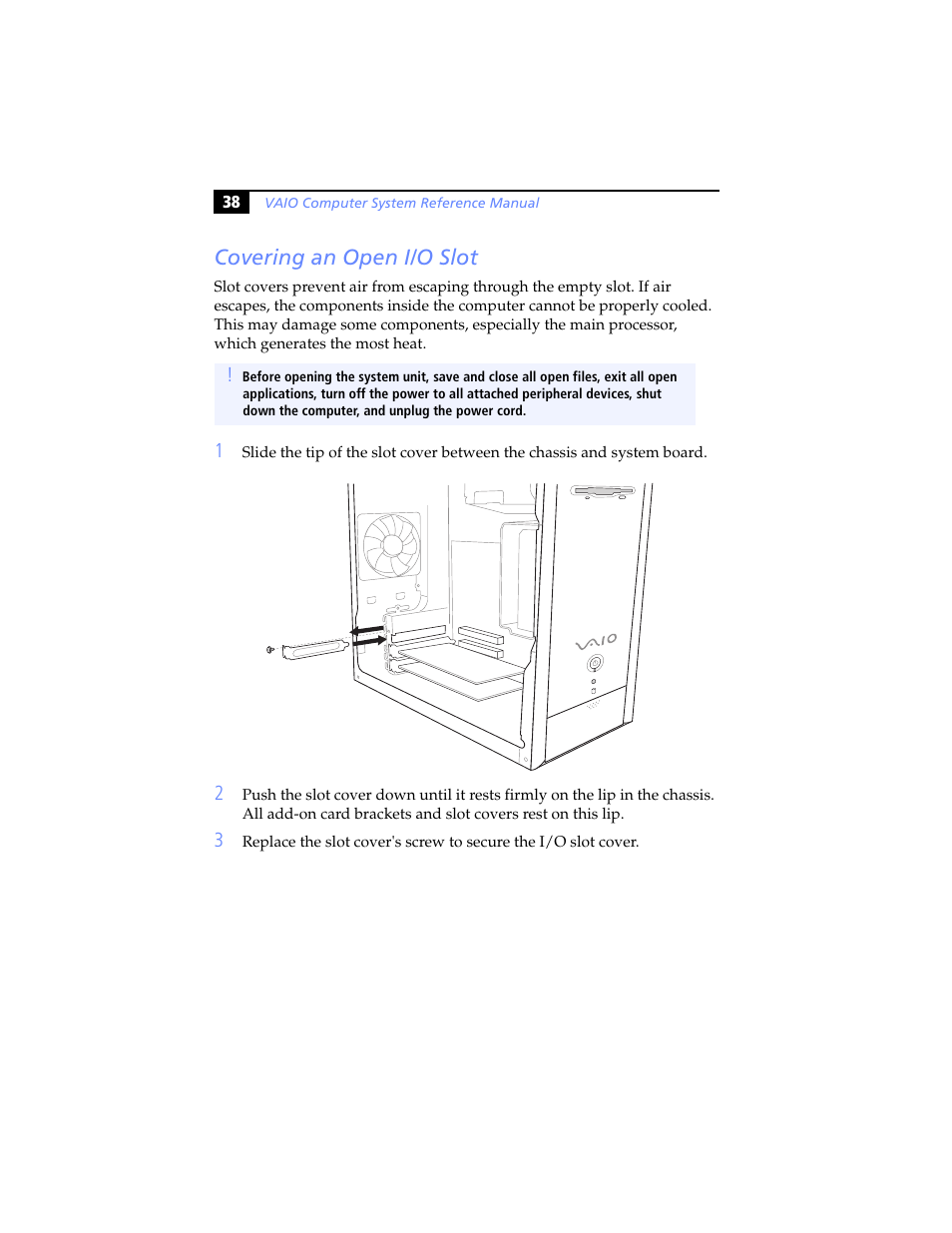 Covering an open i/o slot | Sony PCV-RS100 User Manual | Page 54 / 94