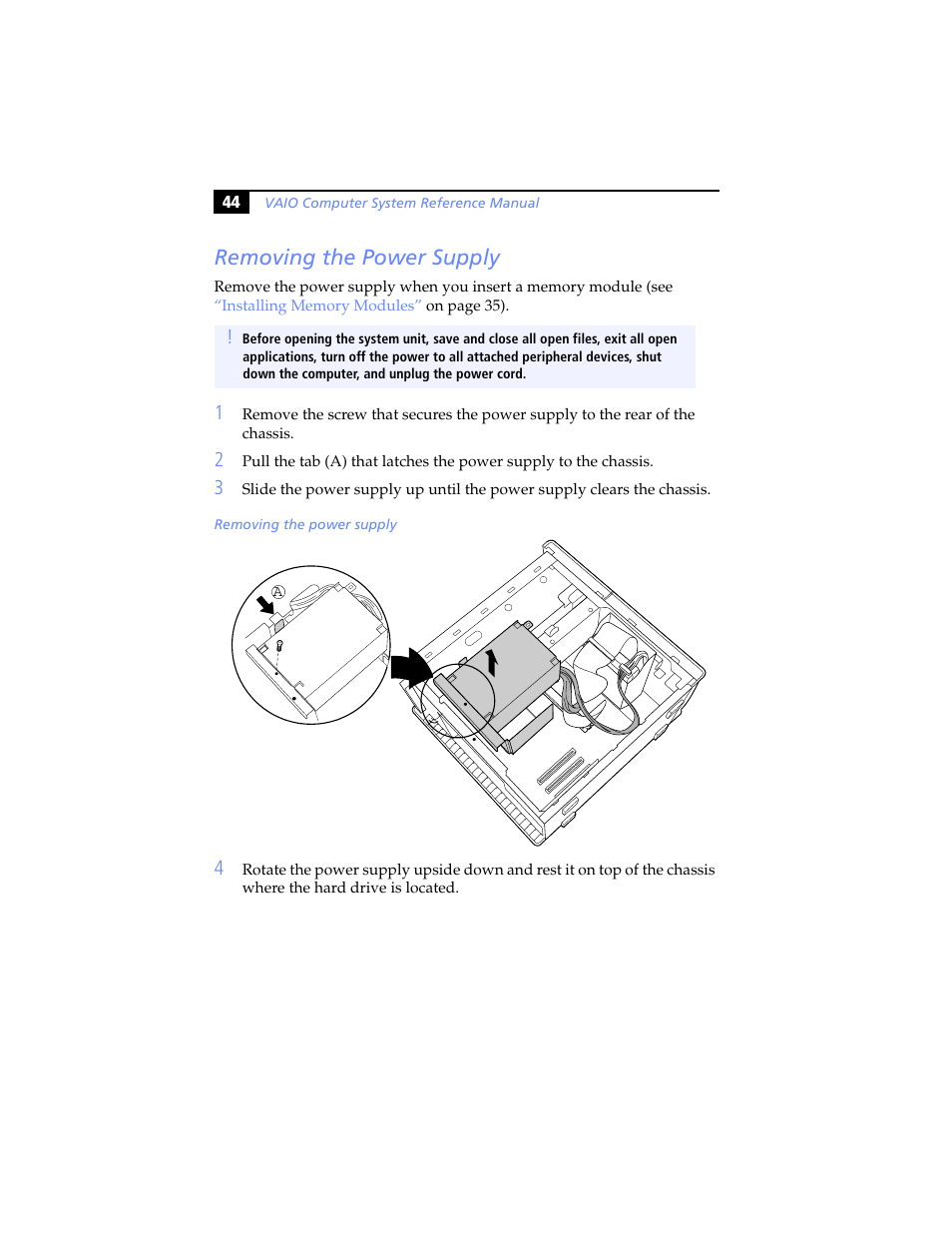 Removing the power supply | Sony PCV-RS100 User Manual | Page 60 / 94