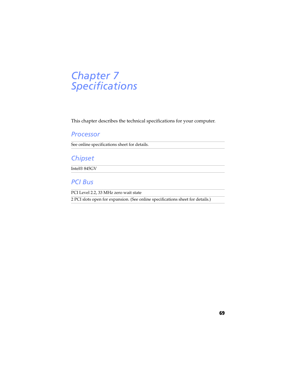 Specifications, Processor, Chipset | Pci bus, Chapter 7 — specifications, Processor chipset pci bus, Chapter 7 specifications | Sony PCV-RS100 User Manual | Page 85 / 94