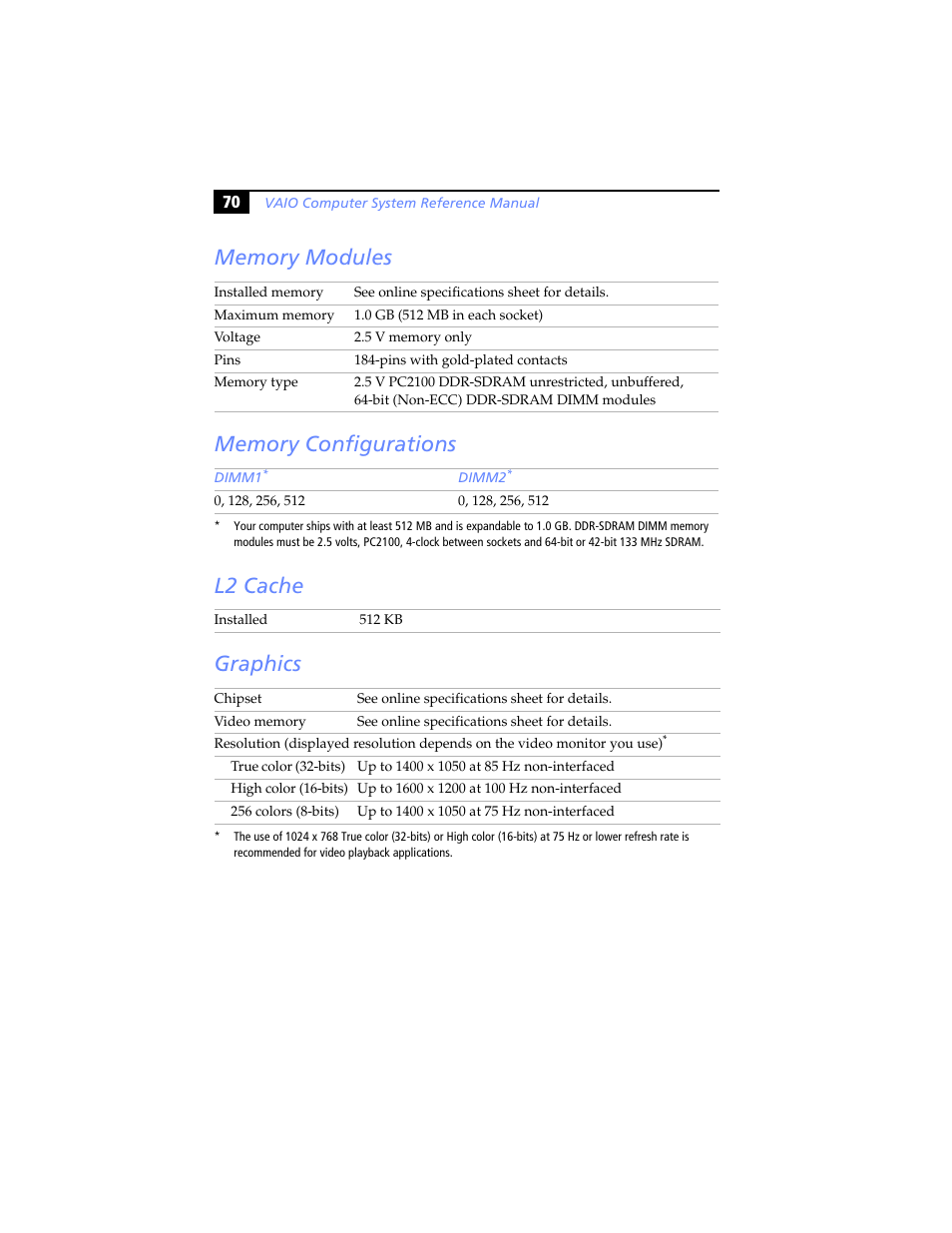 Memory modules, Memory configurations, L2 cache | Graphics | Sony PCV-RS100 User Manual | Page 86 / 94