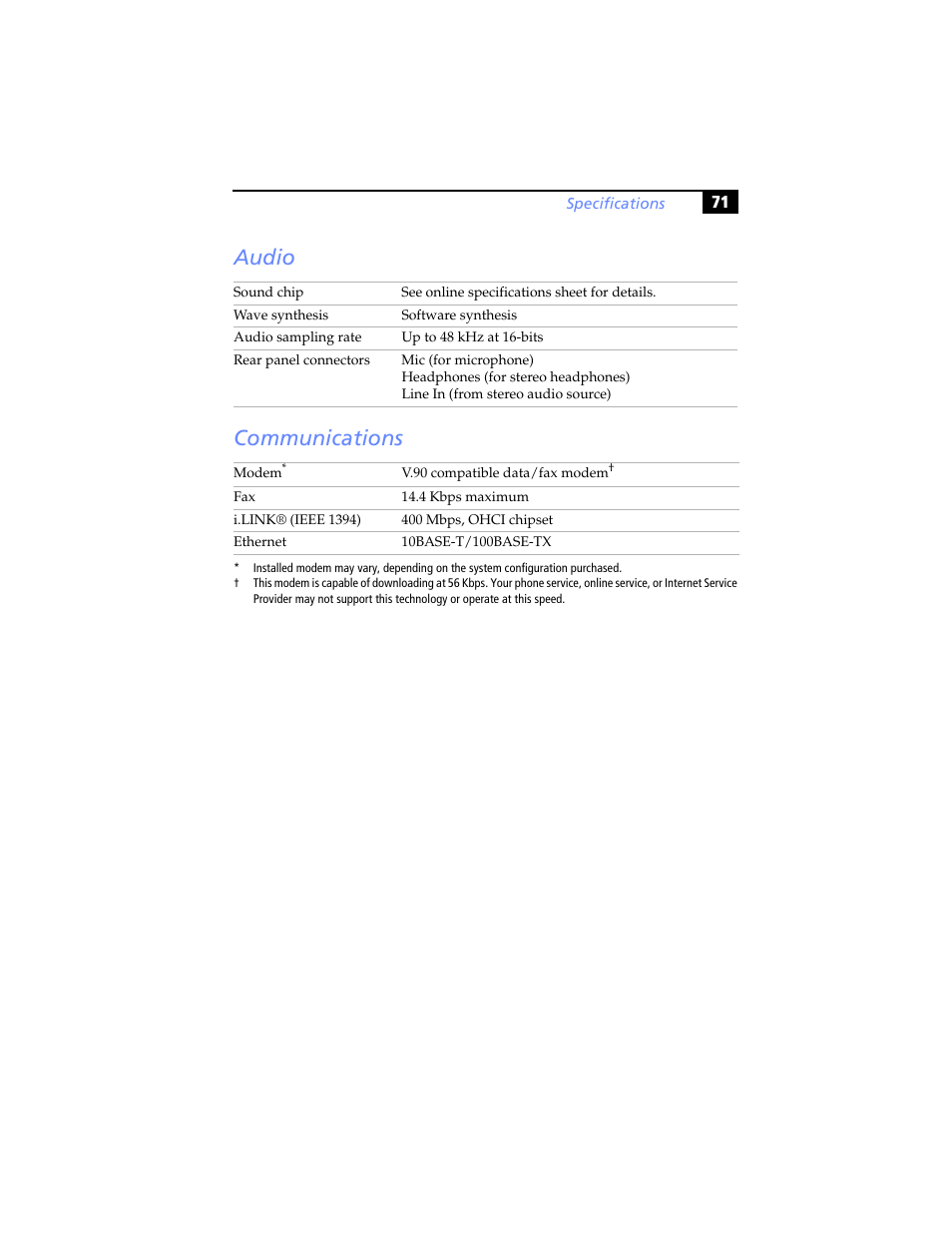 Audio, Communications, Audio communications | Sony PCV-RS100 User Manual | Page 87 / 94