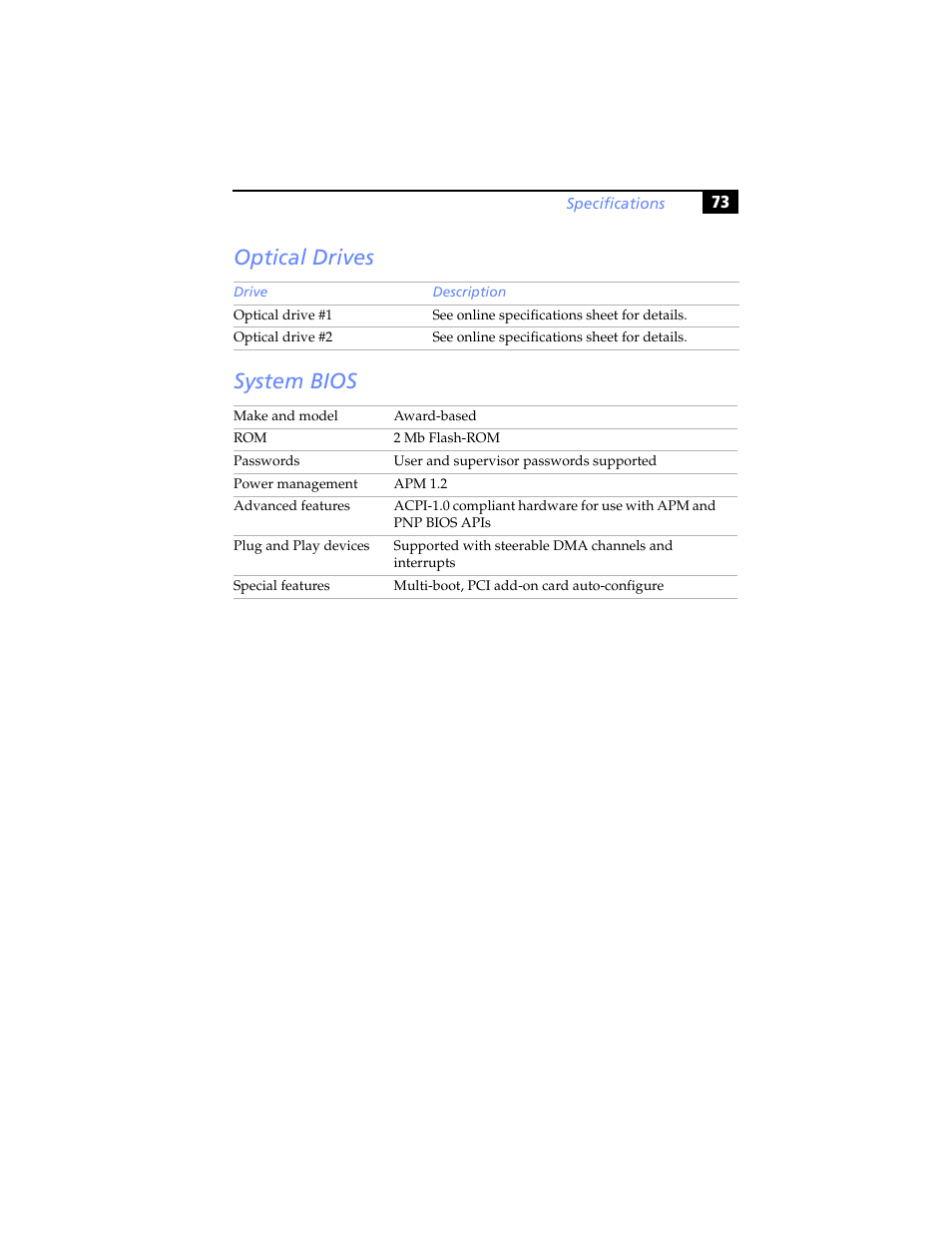 Optical drives, System bios, Optical drives system bios | Sony PCV-RS100 User Manual | Page 89 / 94