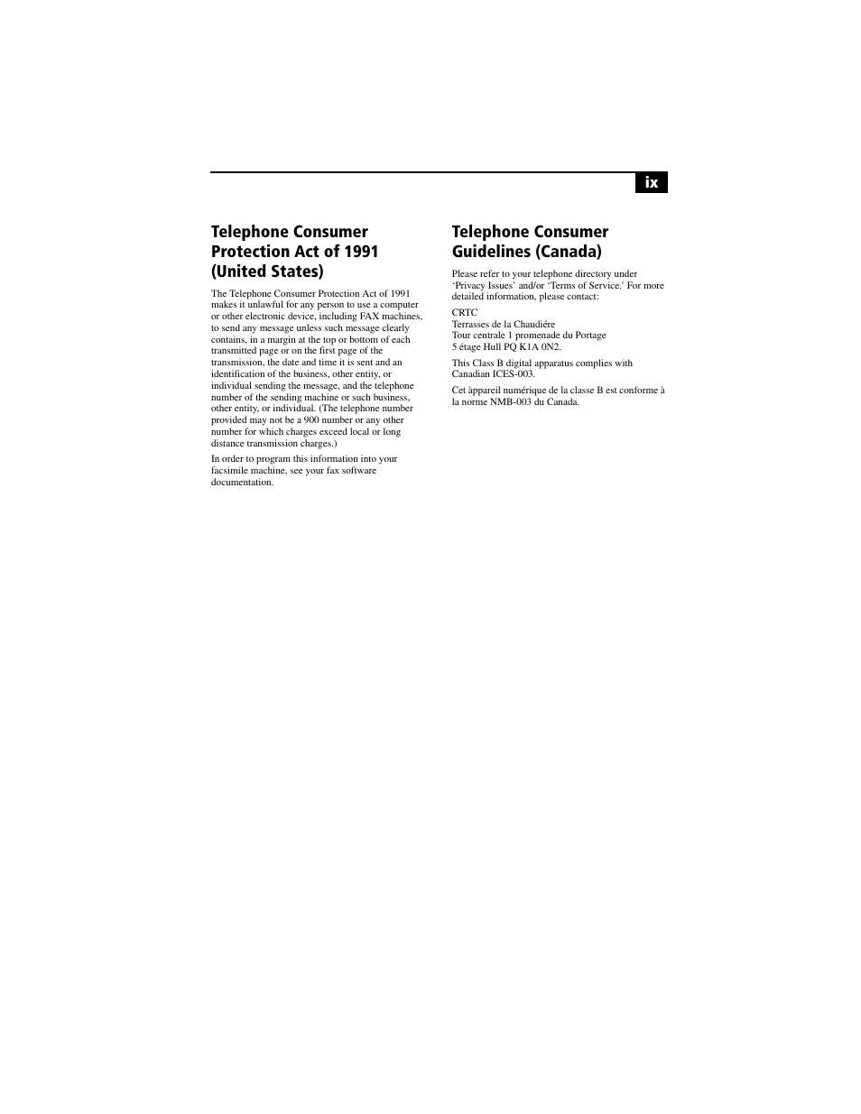 Telephone consumer guidelines (canada) | Sony PCV-RS100 User Manual | Page 9 / 94