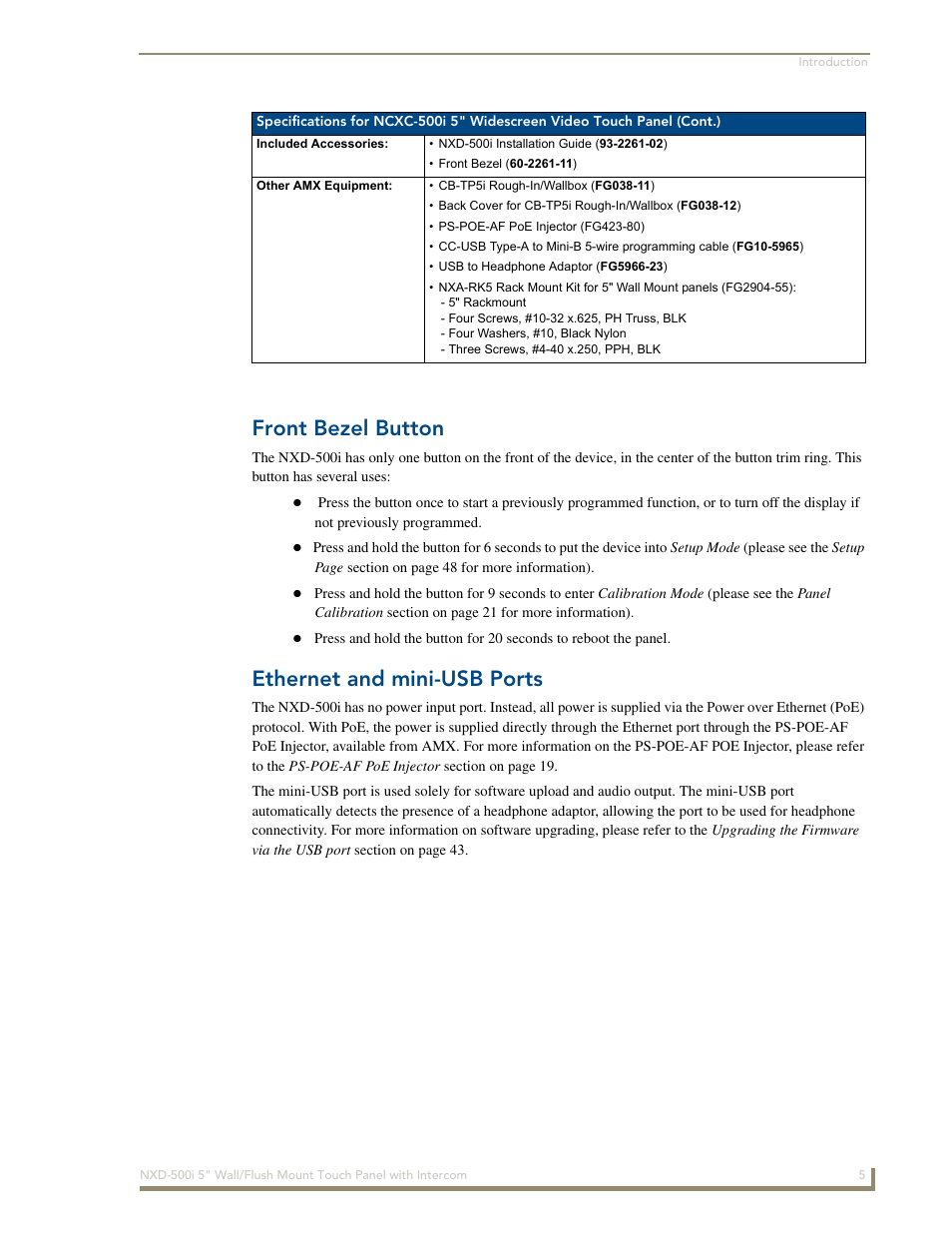 Front bezel button, Ethernet and mini-usb ports | AMX Modero NXD-500i User Manual | Page 11 / 148