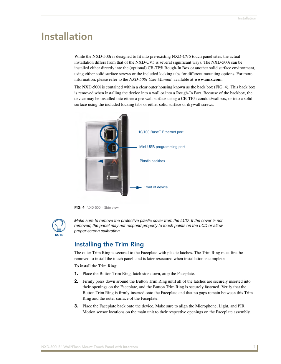 Installation, Installing the trim ring | AMX Modero NXD-500i User Manual | Page 13 / 148