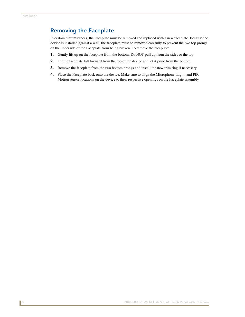 Removing the faceplate | AMX Modero NXD-500i User Manual | Page 14 / 148