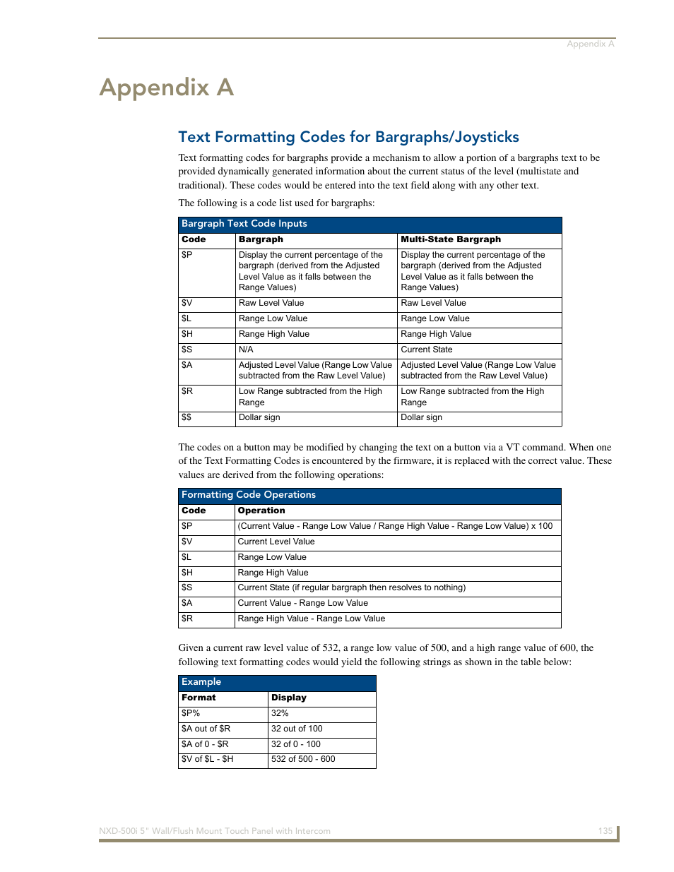 Appendix a, Text formatting codes for bargraphs/joysticks | AMX Modero NXD-500i User Manual | Page 141 / 148