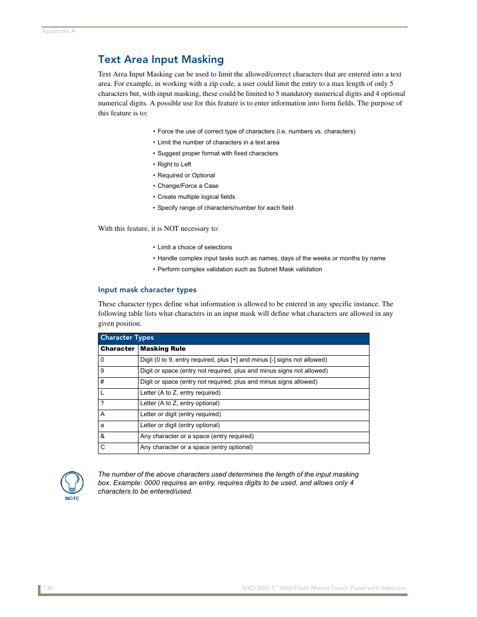 Text area input masking, Input mask character types | AMX Modero NXD-500i User Manual | Page 142 / 148