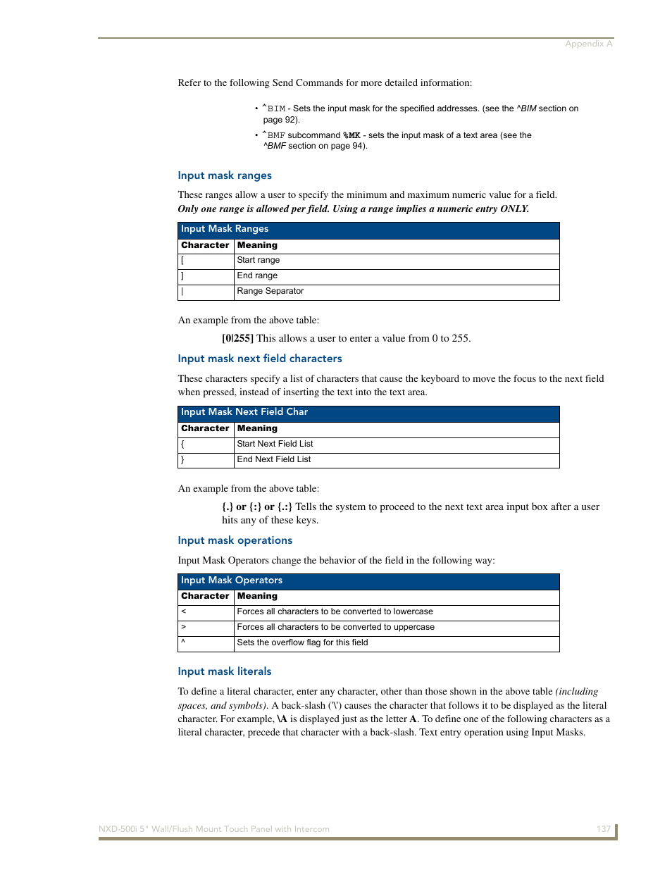 Input mask ranges, Input mask next field characters, Input mask operations | Input mask literals | AMX Modero NXD-500i User Manual | Page 143 / 148