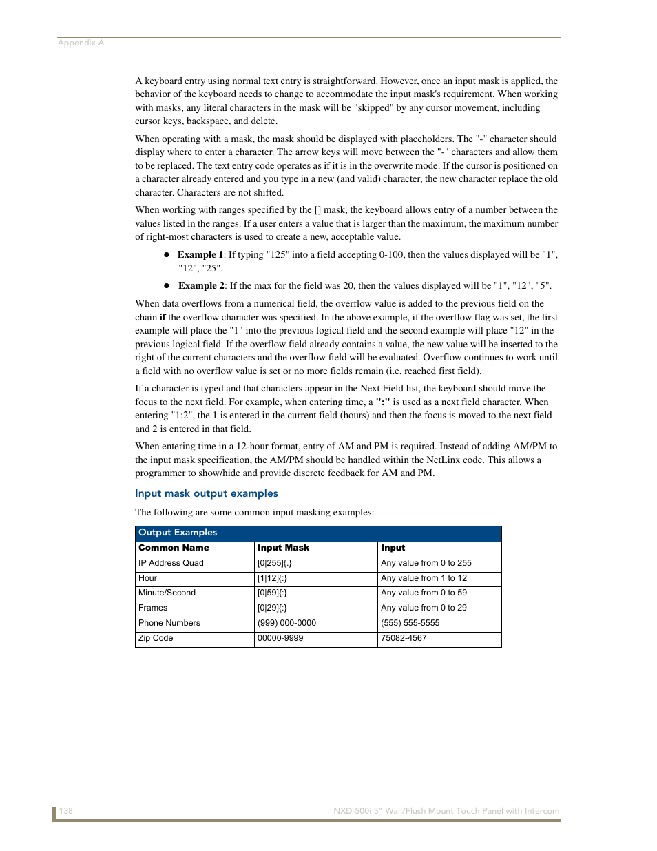 Input mask output examples | AMX Modero NXD-500i User Manual | Page 144 / 148