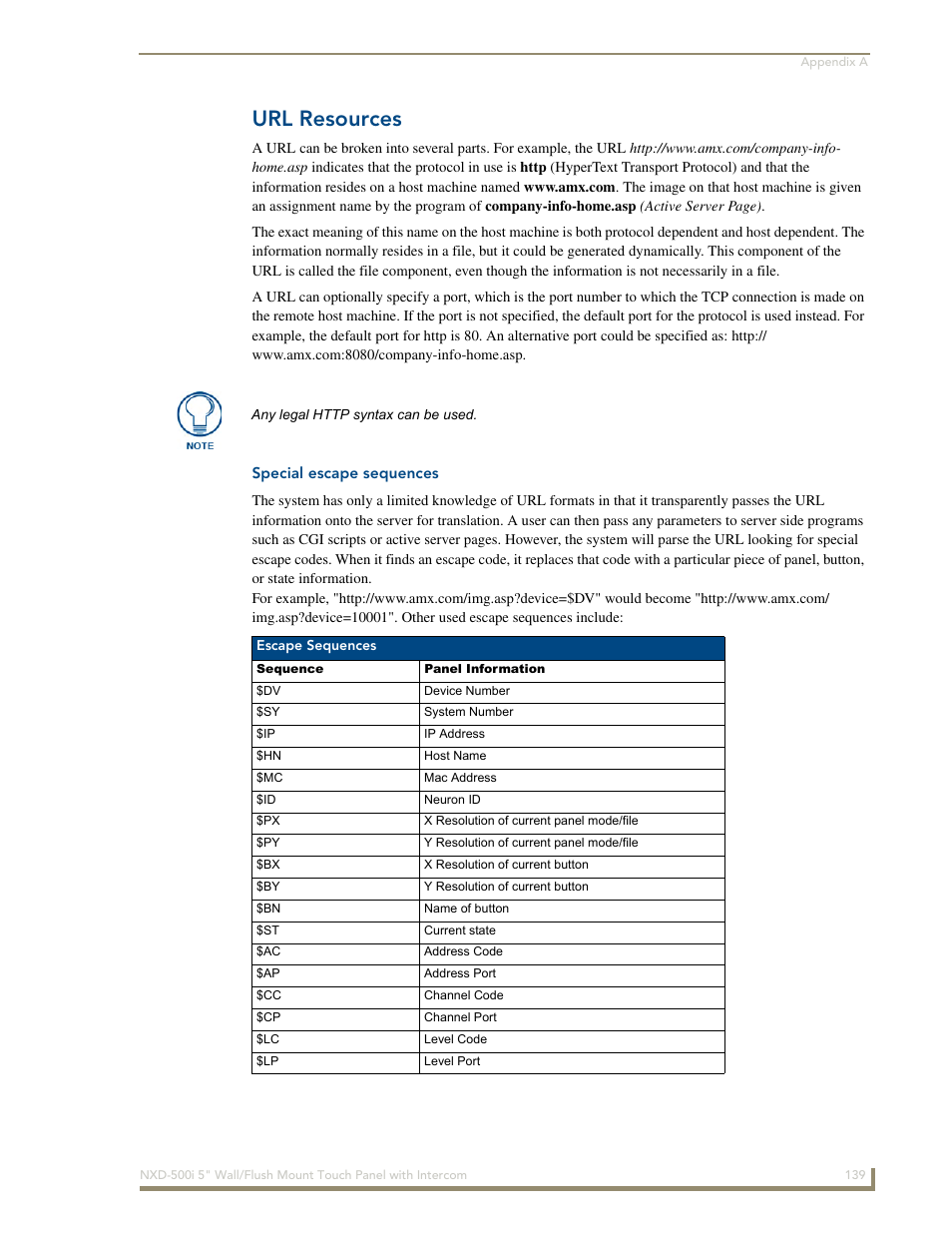 Url resources, Special escape sequences | AMX Modero NXD-500i User Manual | Page 145 / 148