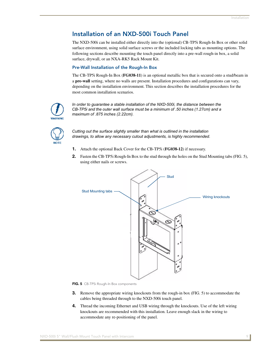 Installation of an nxd-500i touch panel, Pre-wall installation of the rough-in box | AMX Modero NXD-500i User Manual | Page 15 / 148