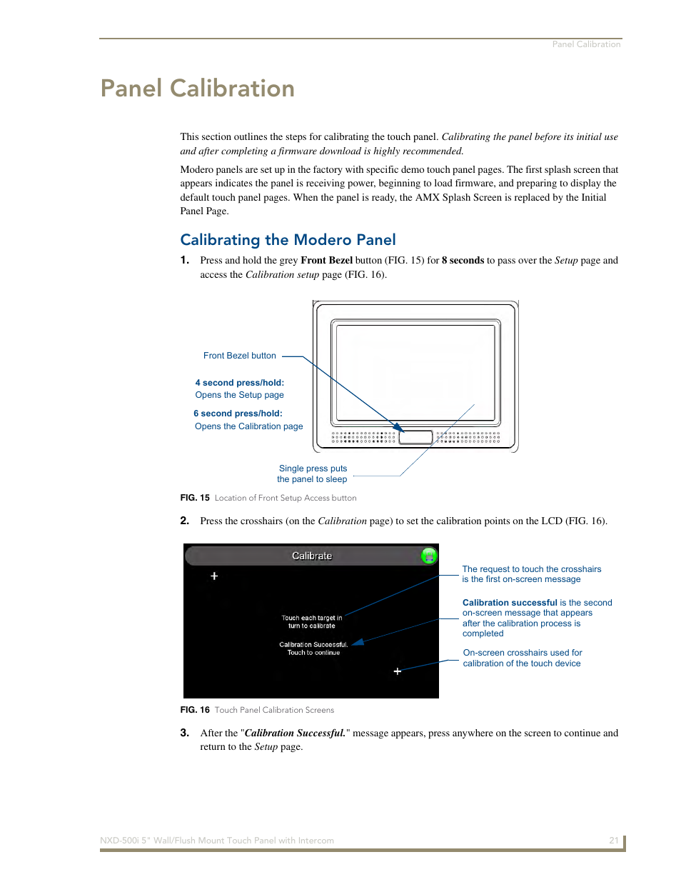 Panel calibration, Calibrating the modero panel | AMX Modero NXD-500i User Manual | Page 27 / 148