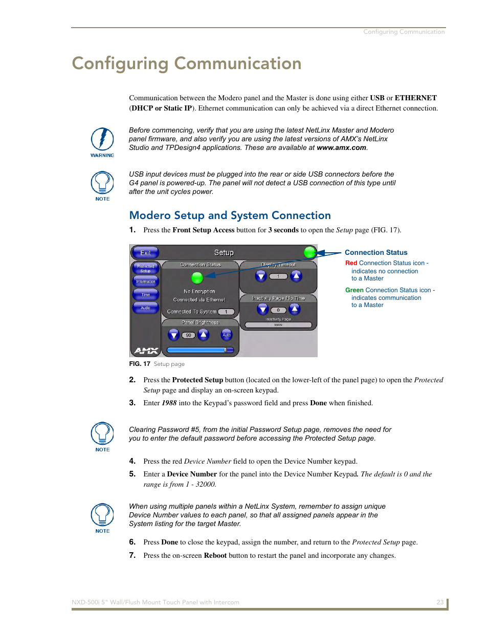 Configuring communication, Modero setup and system connection | AMX Modero NXD-500i User Manual | Page 29 / 148