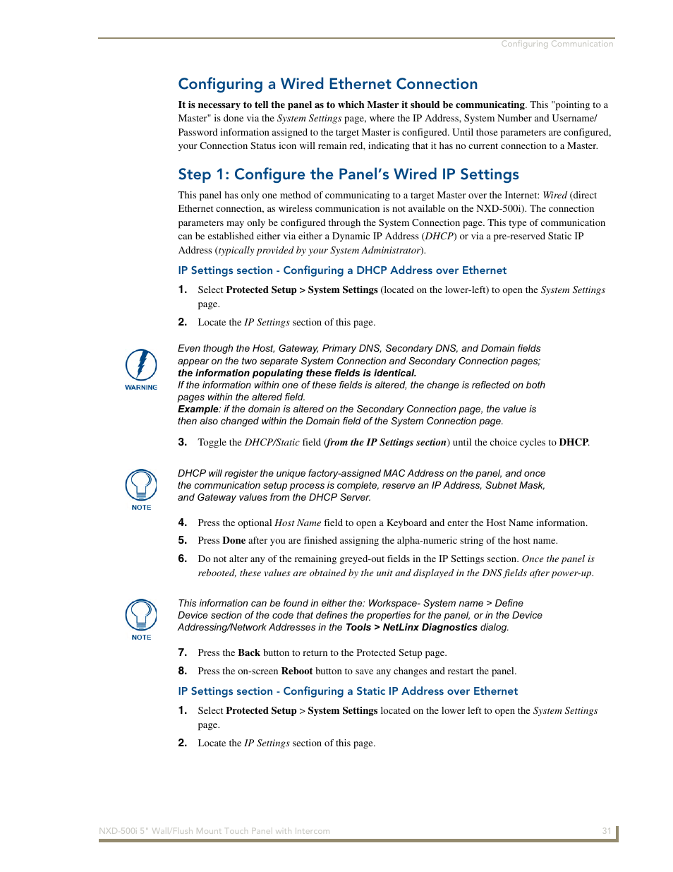 Configuring a wired ethernet connection, Step 1: configure the panel’s wired ip settings | AMX Modero NXD-500i User Manual | Page 37 / 148