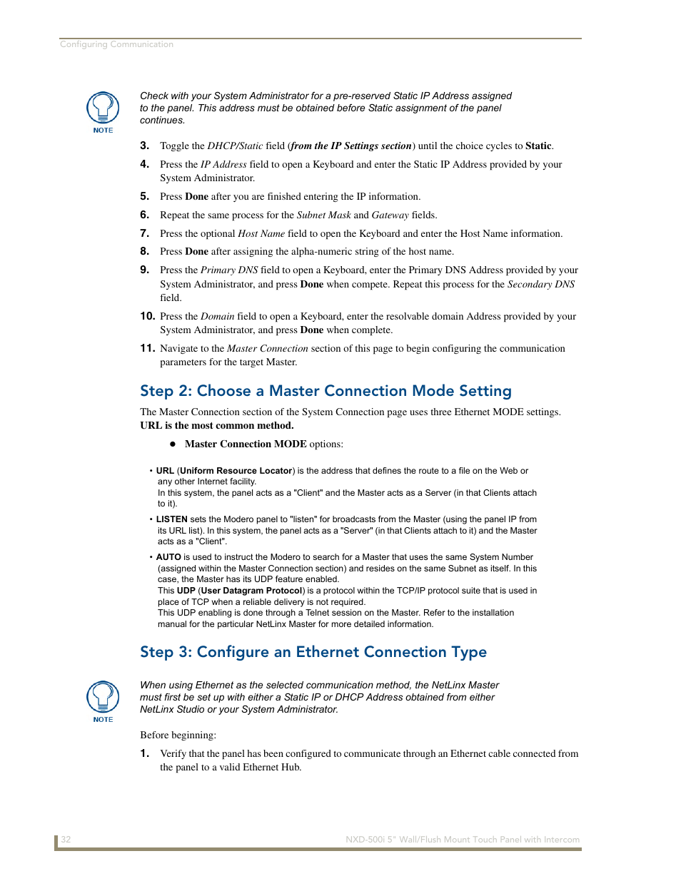 Step 2: choose a master connection mode setting, Step 3: configure an ethernet connection type | AMX Modero NXD-500i User Manual | Page 38 / 148