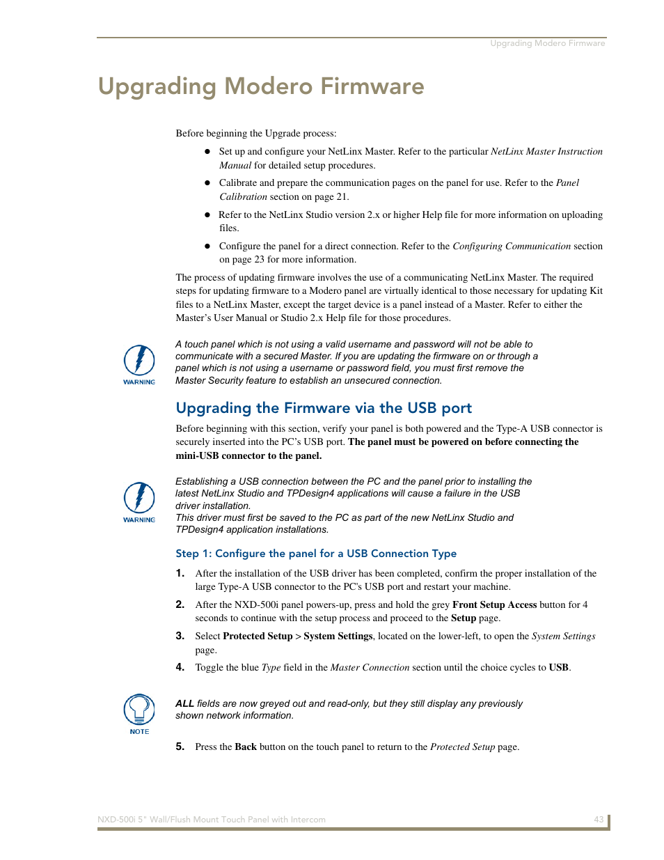 Upgrading modero firmware, Upgrading the firmware via the usb port | AMX Modero NXD-500i User Manual | Page 49 / 148