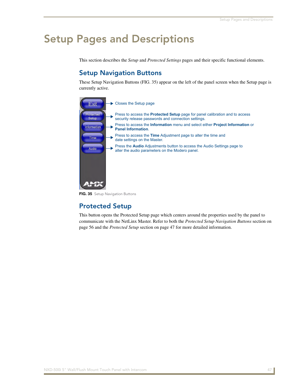 Setup navigation buttons, Protected setup, Setup pages and descriptions | AMX Modero NXD-500i User Manual | Page 53 / 148