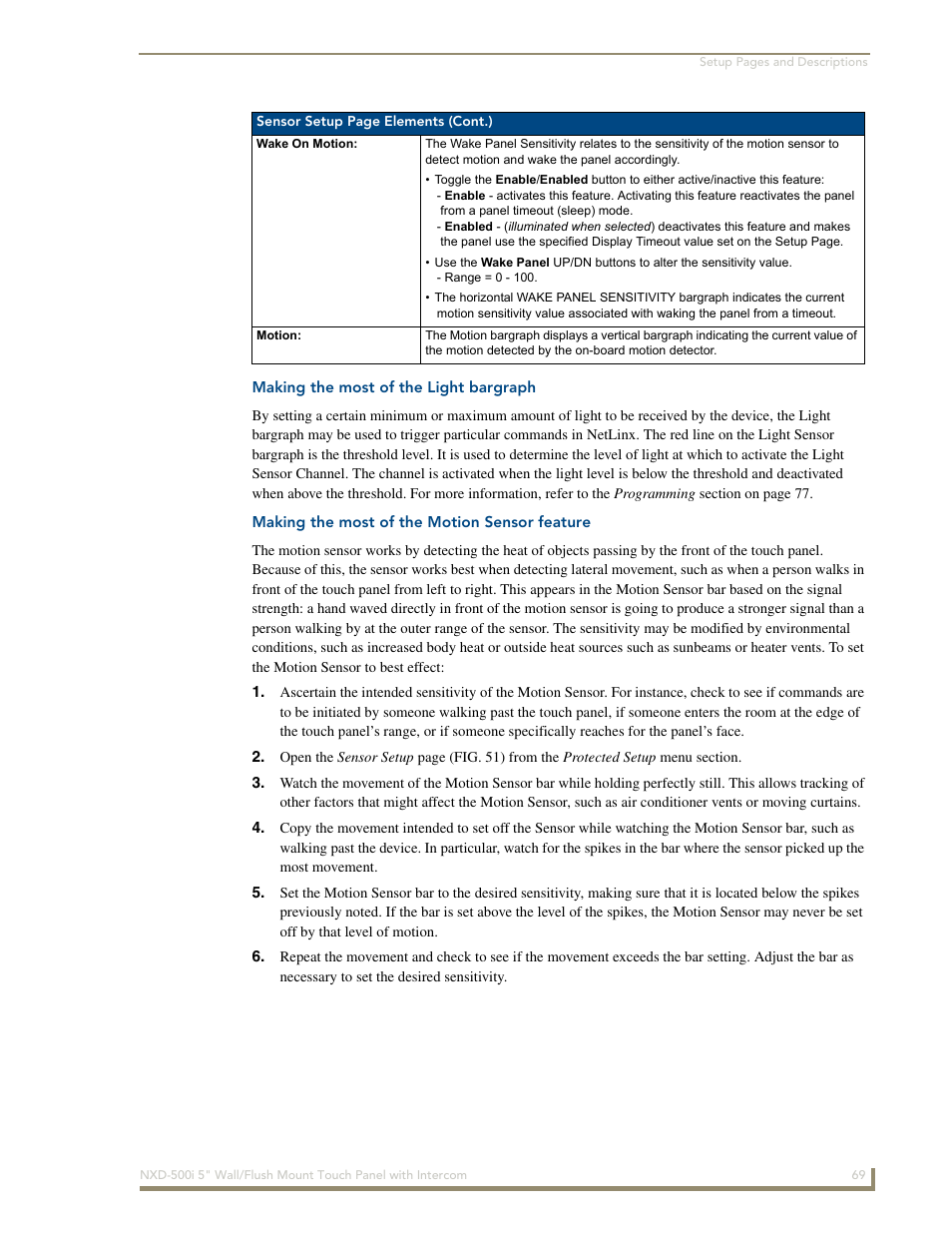 Making the most of the light bargraph, Making the most of the motion sensor feature | AMX Modero NXD-500i User Manual | Page 75 / 148