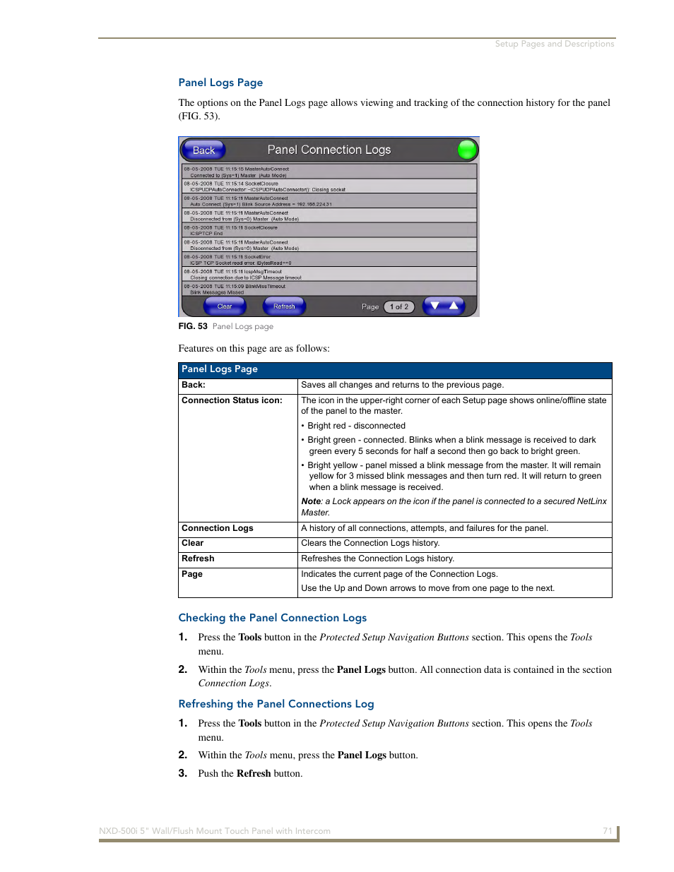 Checking the panel connection logs, Refreshing the panel connections log | AMX Modero NXD-500i User Manual | Page 77 / 148