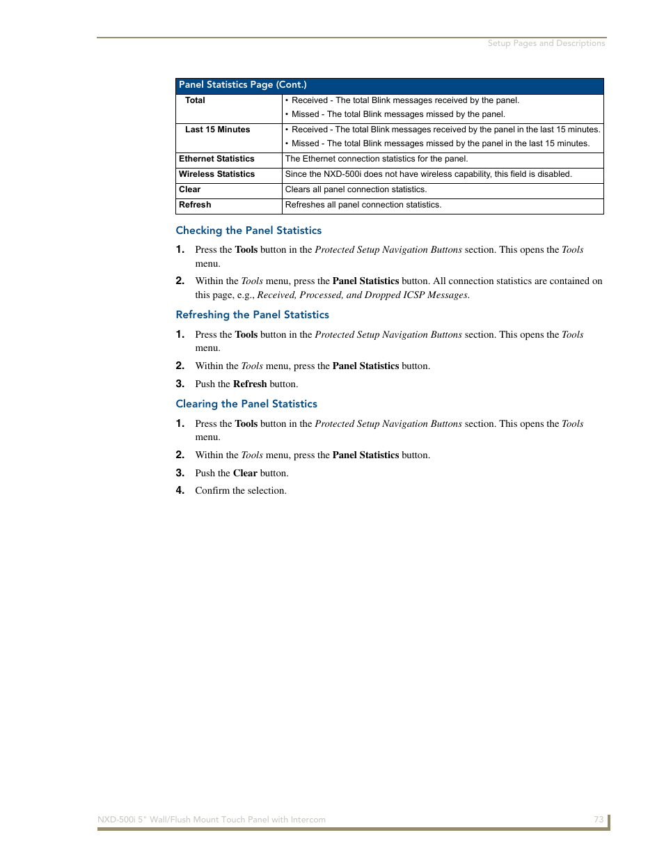Checking the panel statistics, Refreshing the panel statistics, Clearing the panel statistics | AMX Modero NXD-500i User Manual | Page 79 / 148