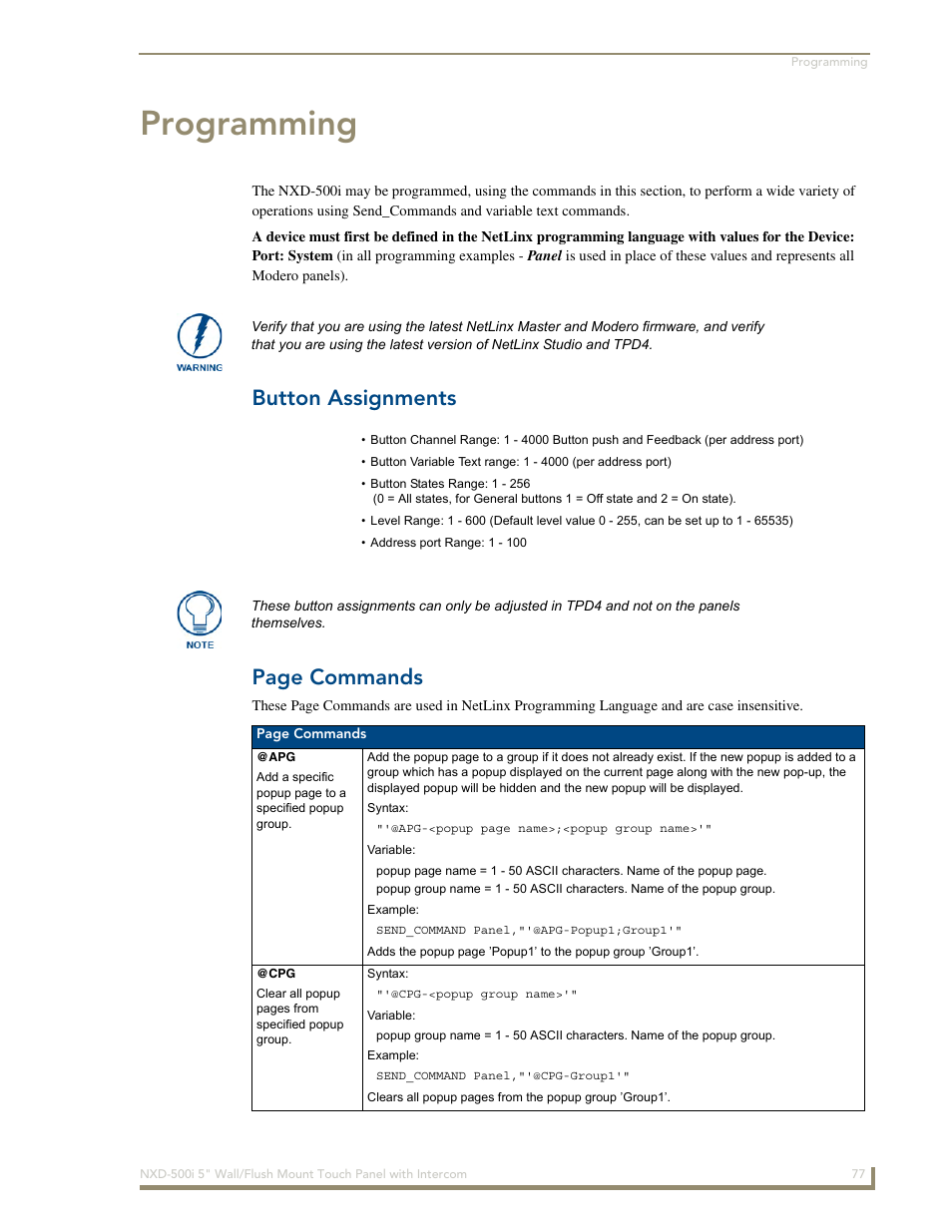 Programming, Button assignments, Button assignments page commands | AMX Modero NXD-500i User Manual | Page 83 / 148