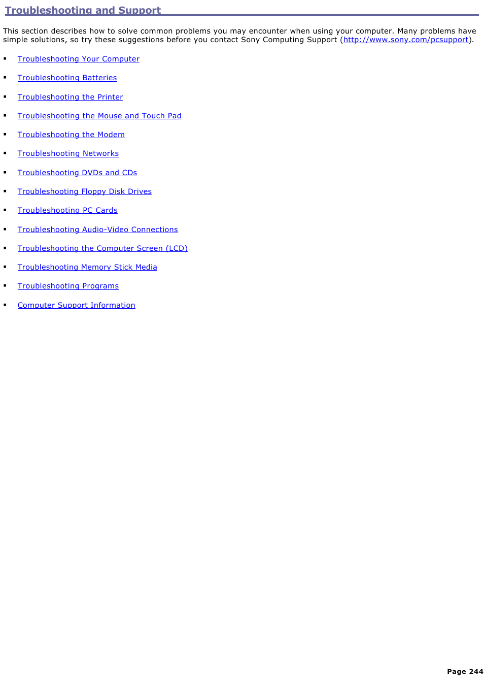 Troubleshooting and support | Sony PCG-GRX670K User Manual | Page 244 / 264