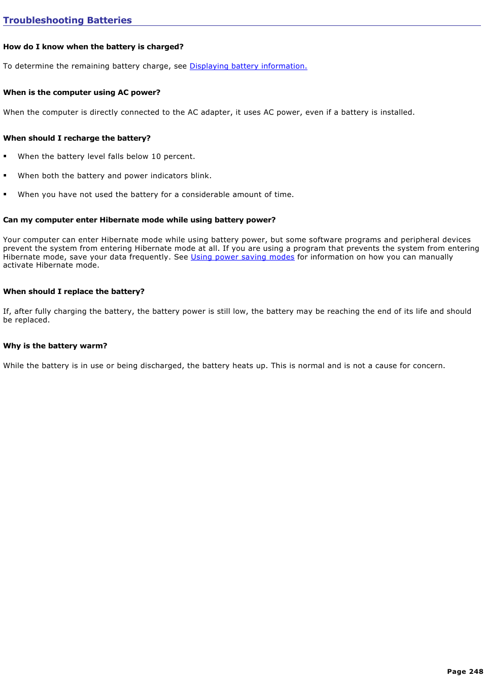 Troubleshooting batteries | Sony PCG-GRX670K User Manual | Page 248 / 264