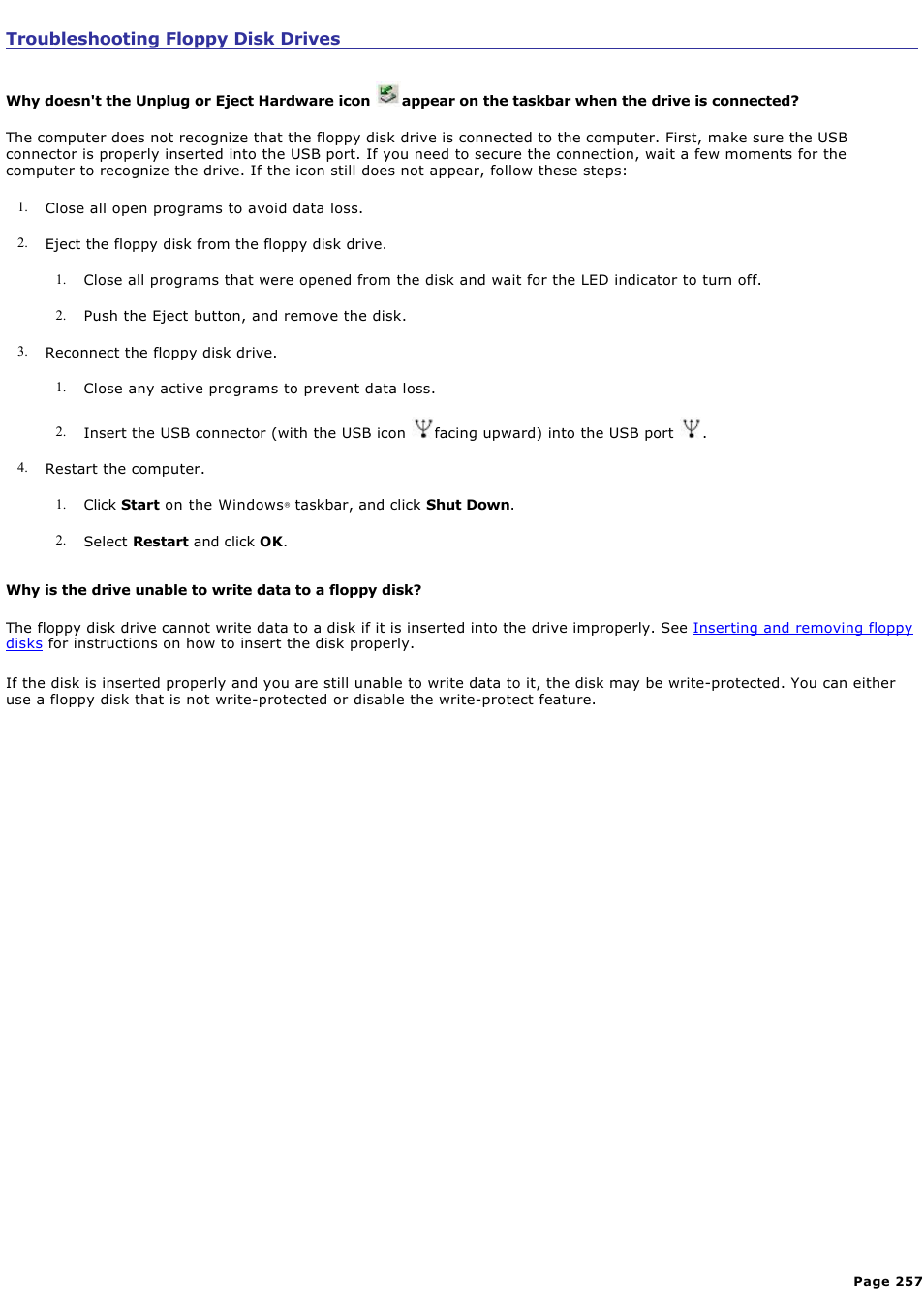 Troubleshooting floppy disk drives | Sony PCG-GRX670K User Manual | Page 257 / 264