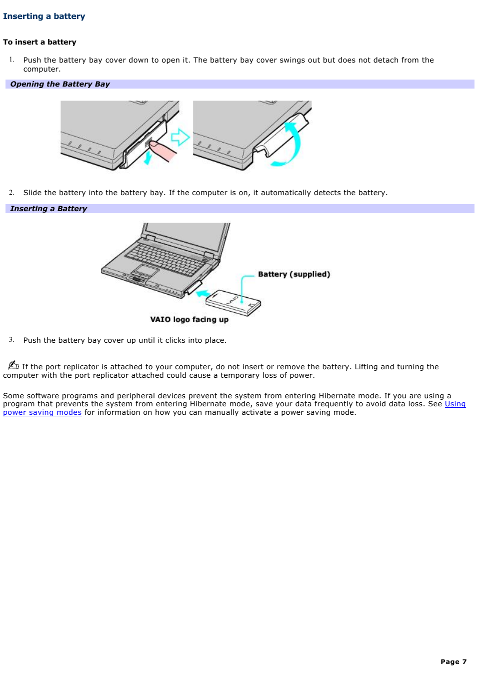 Inserting a battery | Sony PCG-GRX670K User Manual | Page 7 / 264