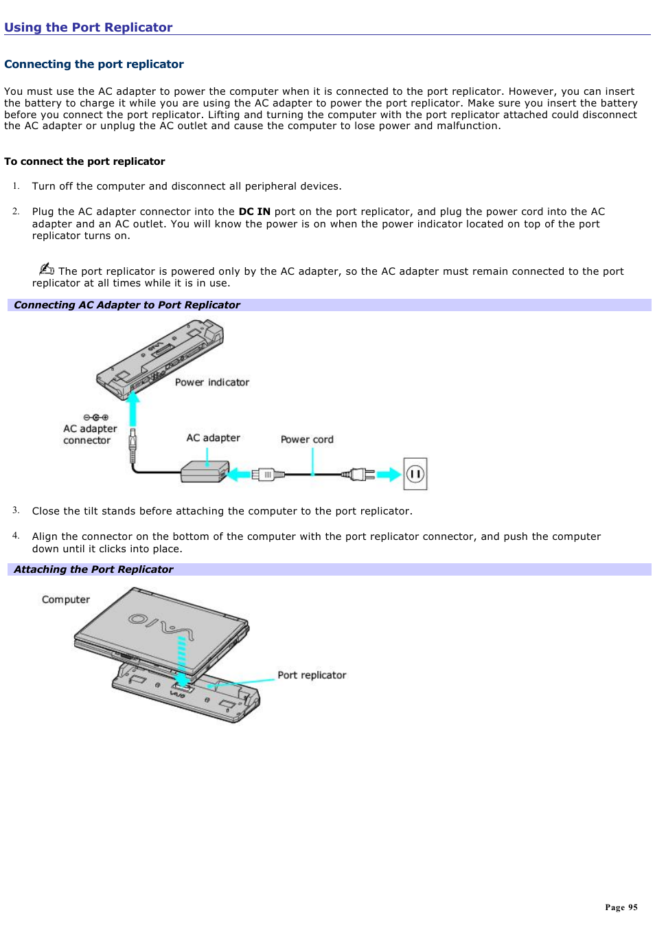 Using the port replicator | Sony PCG-GRX670K User Manual | Page 95 / 264
