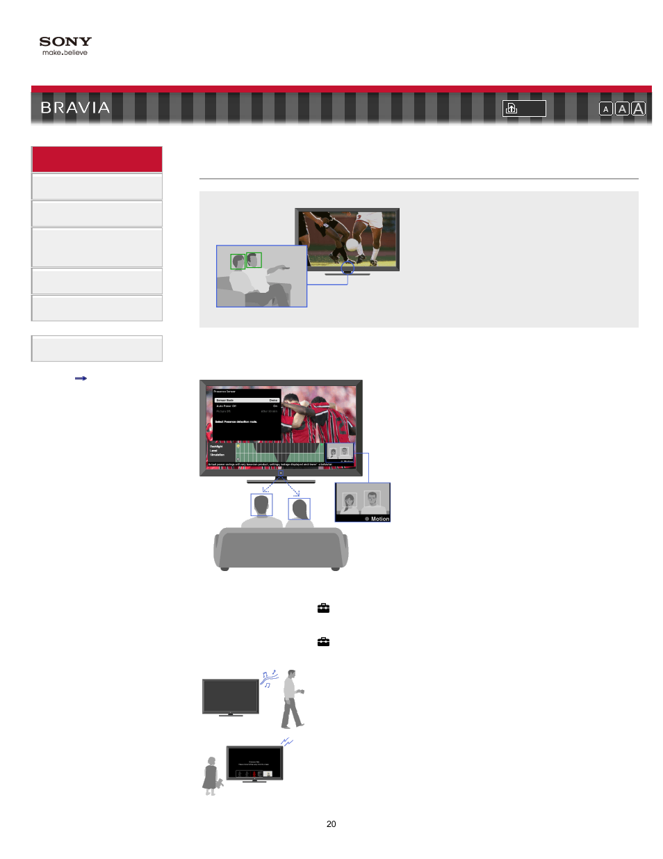 Intelligent presence sensor, Camera-based sensor, Distance alert | Position control, Presence sensor (camera sensor) | Sony XBR-60LX900 User Manual | Page 20 / 157