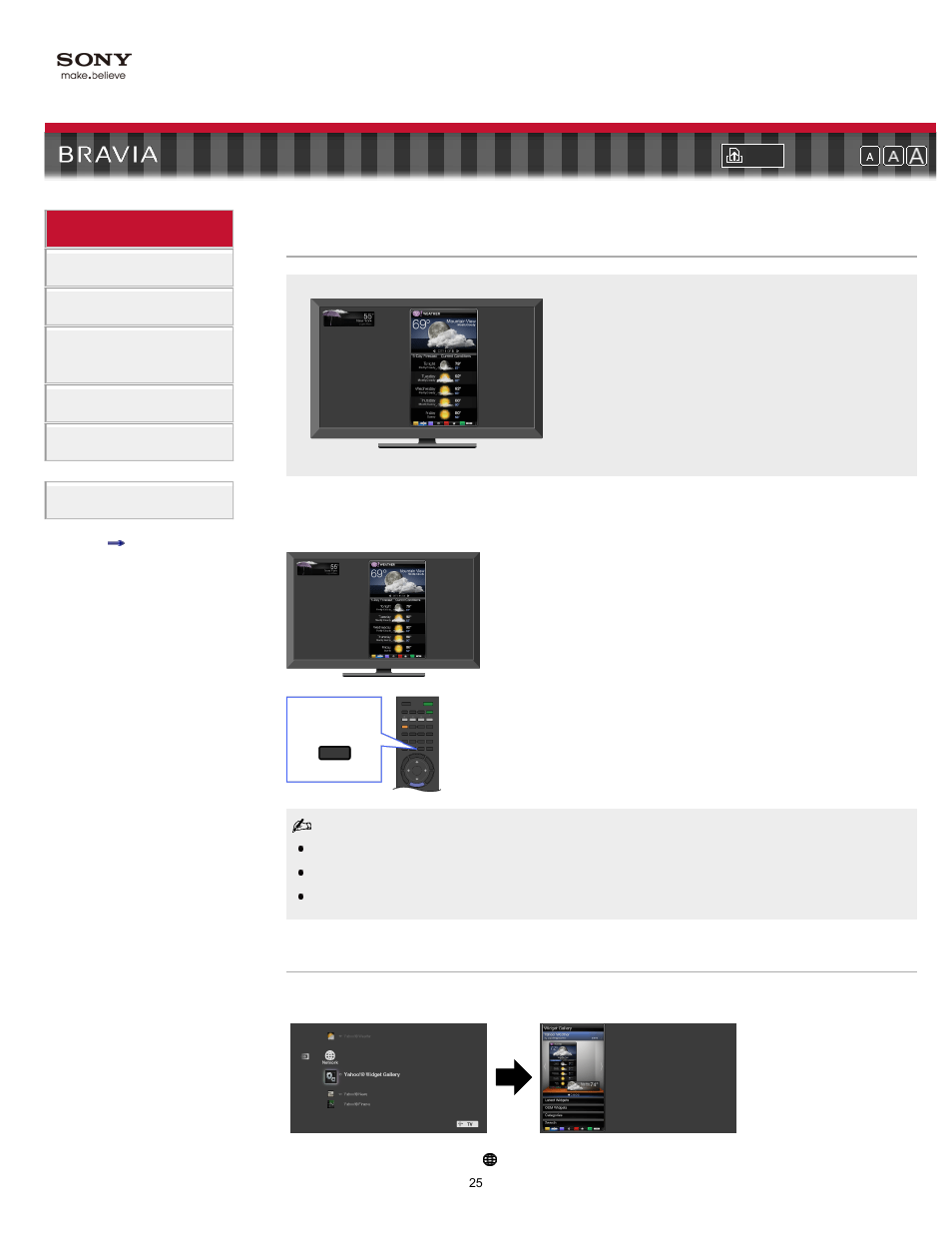 Bravia” internet widgets, Snippets, Widget gallery widgets | Sony XBR-60LX900 User Manual | Page 25 / 157