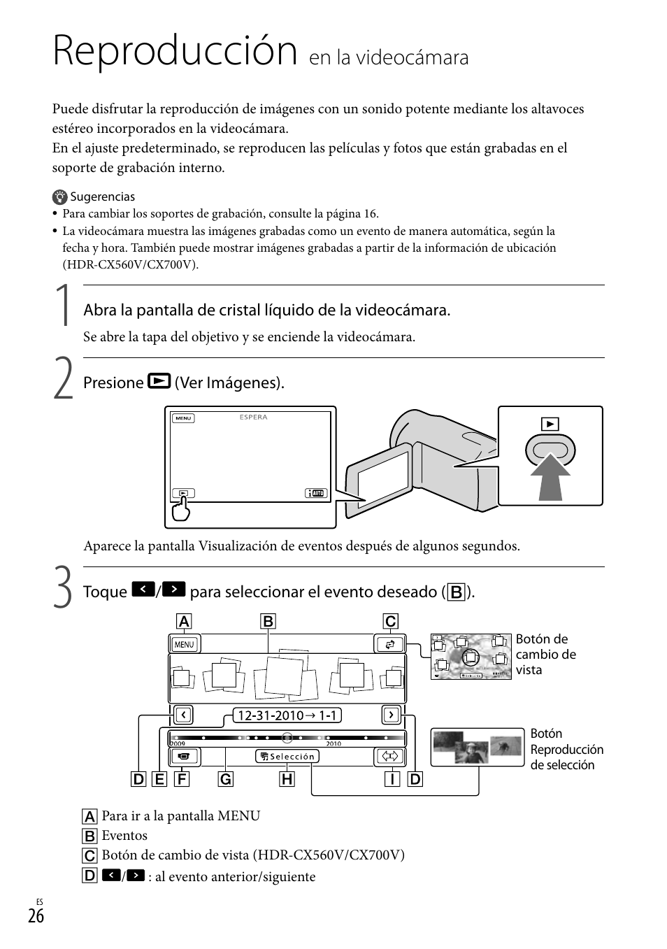 Reproducción en la videocámara, Reproducción, En.la.videocámara | Sony HDR-CX560V User Manual | Page 104 / 155