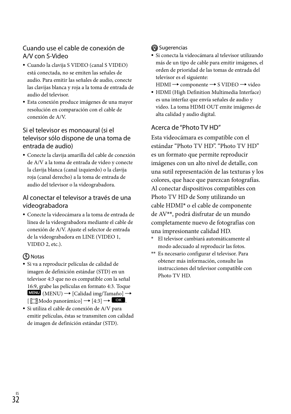 Cuando use el cable de conexión de a/v con s-video, Acerca de “photo tv hd | Sony HDR-CX560V User Manual | Page 110 / 155