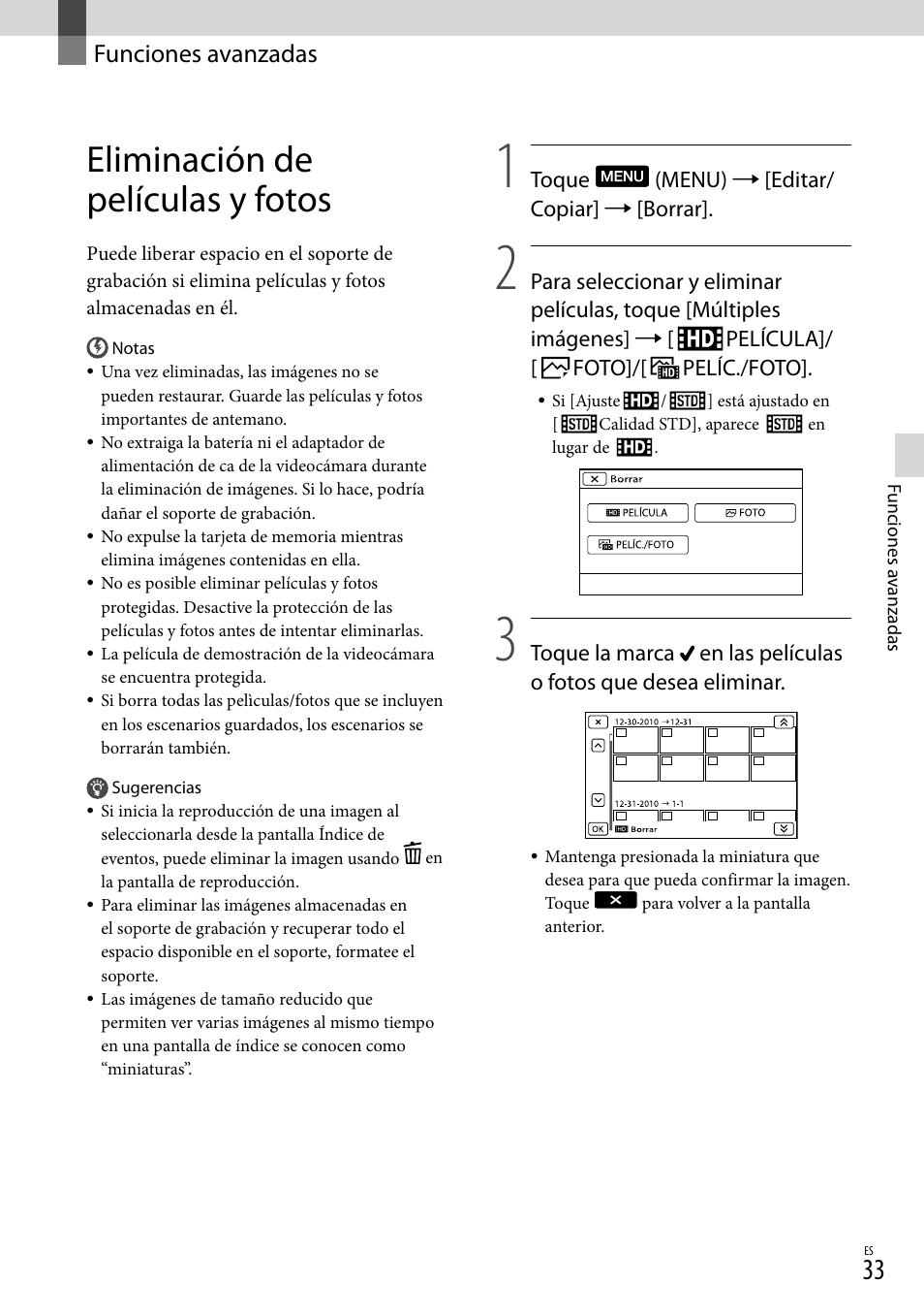 Funciones avanzadas, Eliminación de películas y fotos | Sony HDR-CX560V User Manual | Page 111 / 155