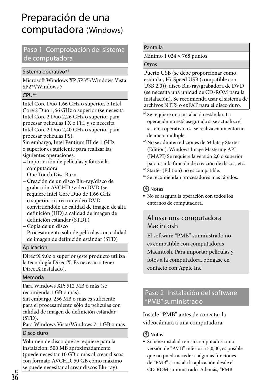 Preparación de una computadora (windows), Al usar una computadora macintosh, Preparación de una computadora | Windows), Paso 1 comprobación del sistema de computadora, Paso 2 instalación del software “pmb” suministrado | Sony HDR-CX560V User Manual | Page 114 / 155