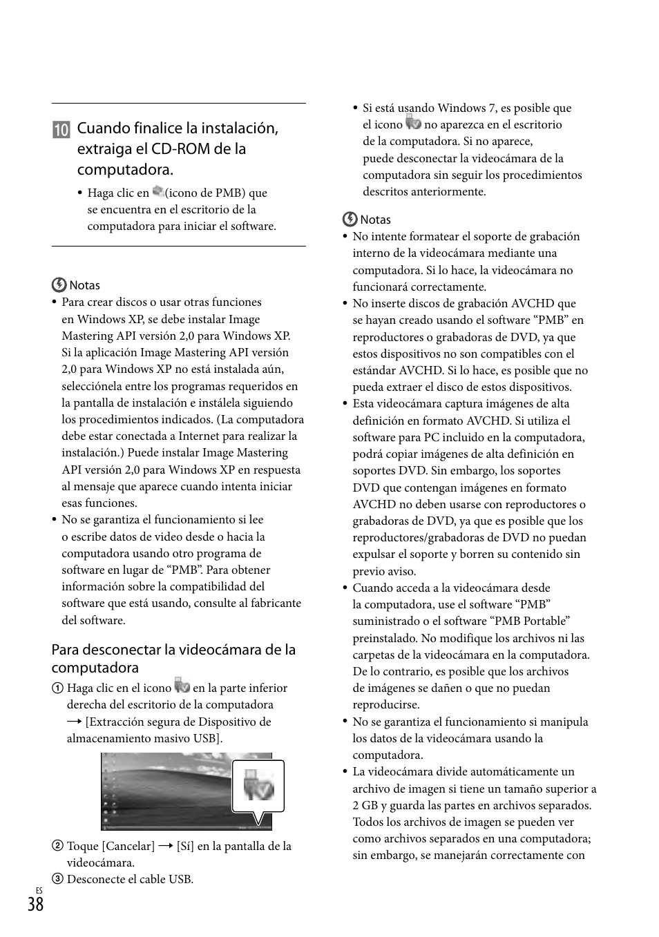 Para desconectar la videocámara de la computadora | Sony HDR-CX560V User Manual | Page 116 / 155