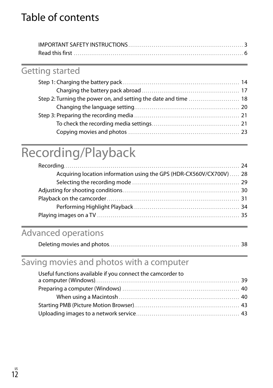 Sony HDR-CX560V User Manual | Page 12 / 155