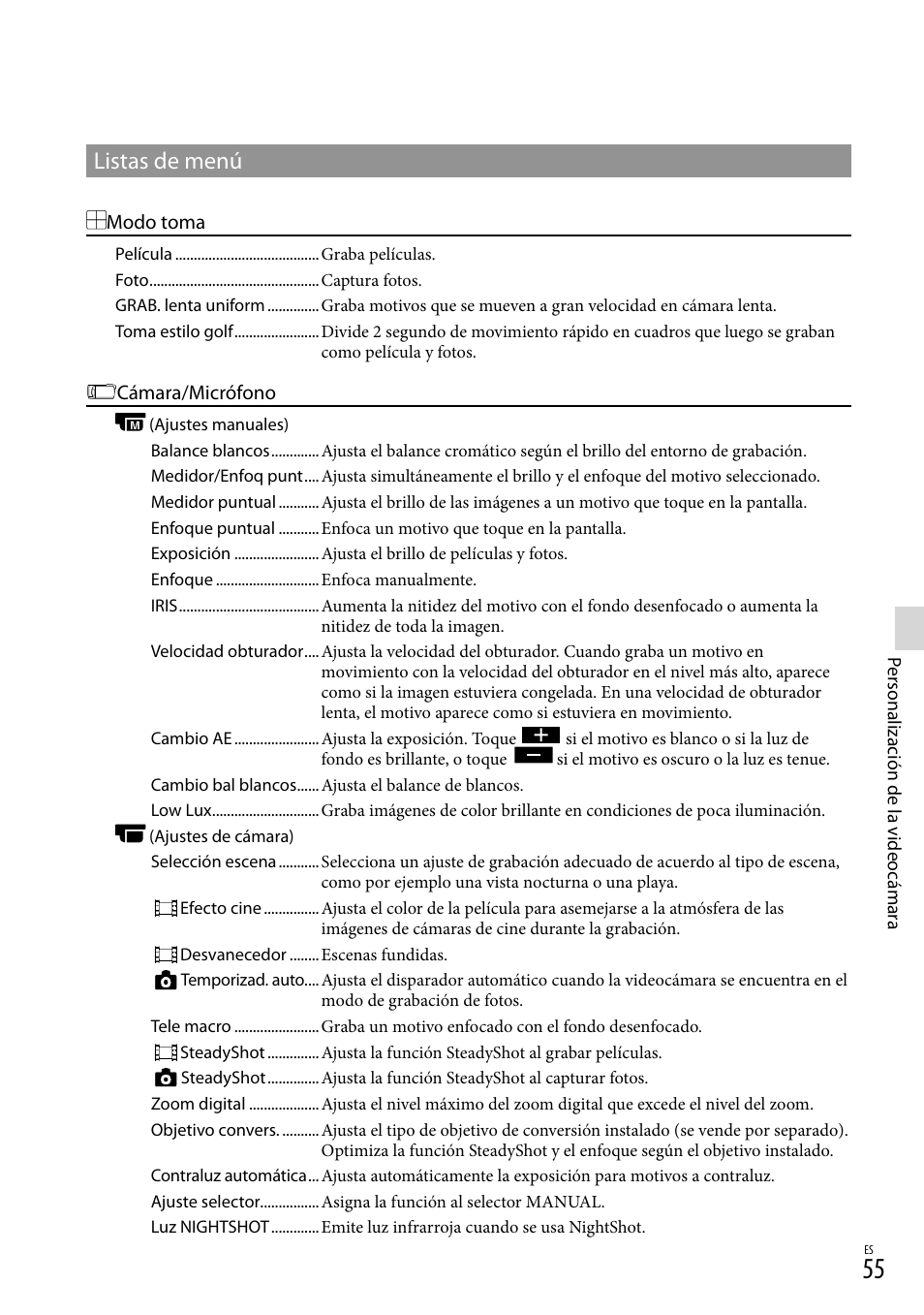 Listas de menú | Sony HDR-CX560V User Manual | Page 133 / 155