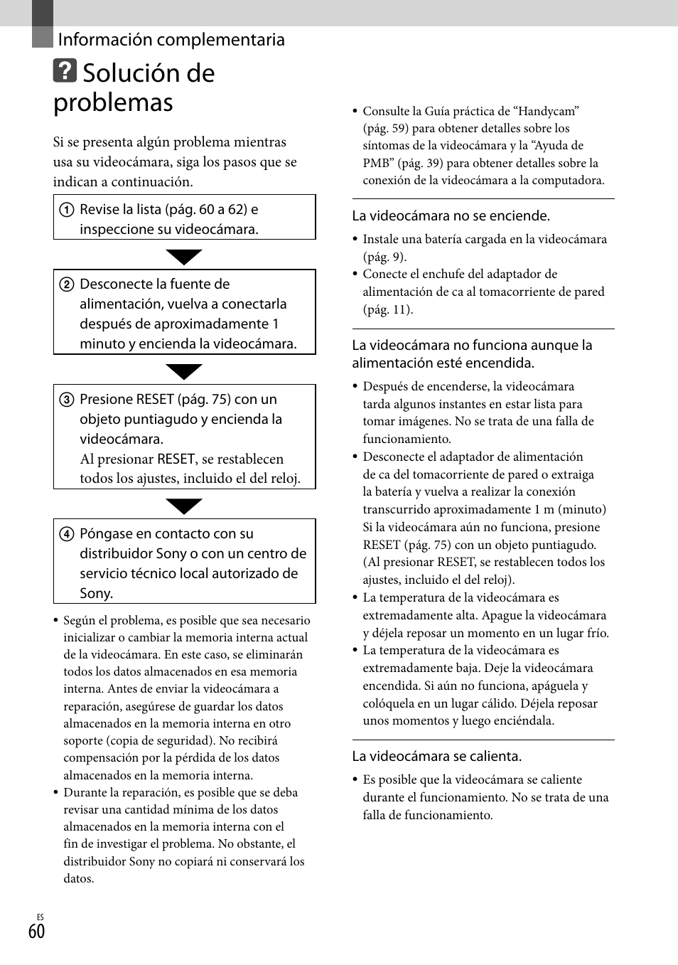 Información complementaria, Solución de problemas | Sony HDR-CX560V User Manual | Page 138 / 155