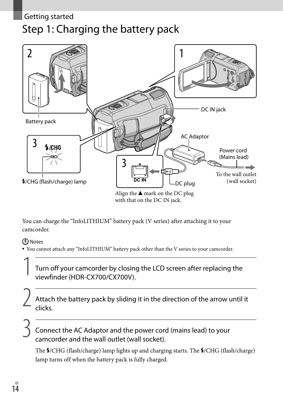 Getting started, Step 1: charging the battery pack | Sony HDR-CX560V User Manual | Page 14 / 155