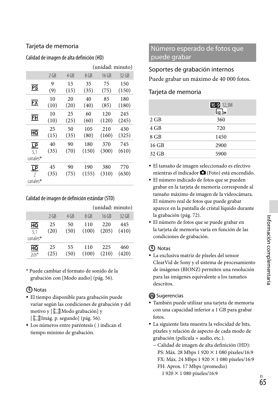 Número esperado de fotos que puede grabar, Soportes de grabación internos | Sony HDR-CX560V User Manual | Page 143 / 155