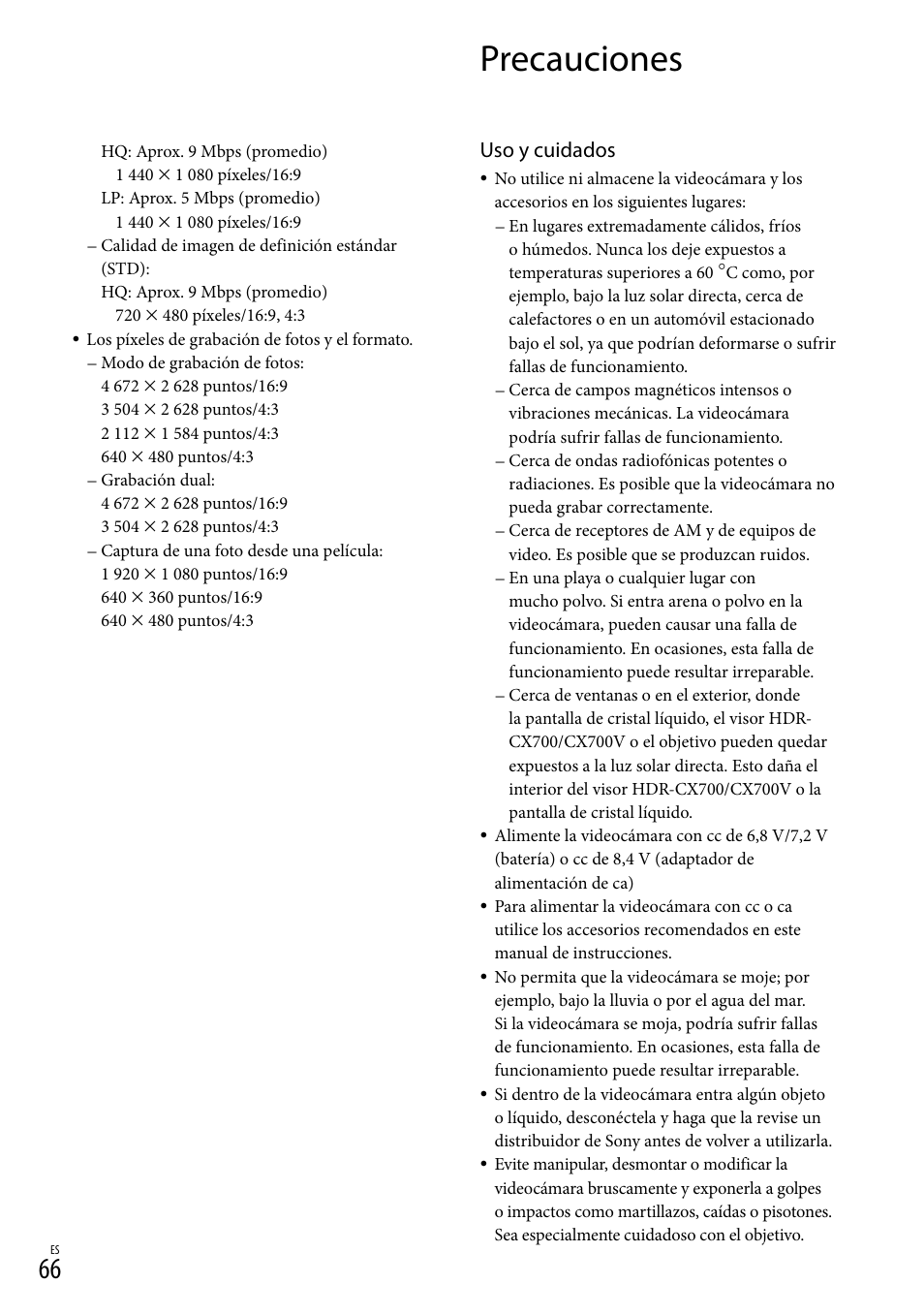 Precauciones, Uso y cuidados | Sony HDR-CX560V User Manual | Page 144 / 155