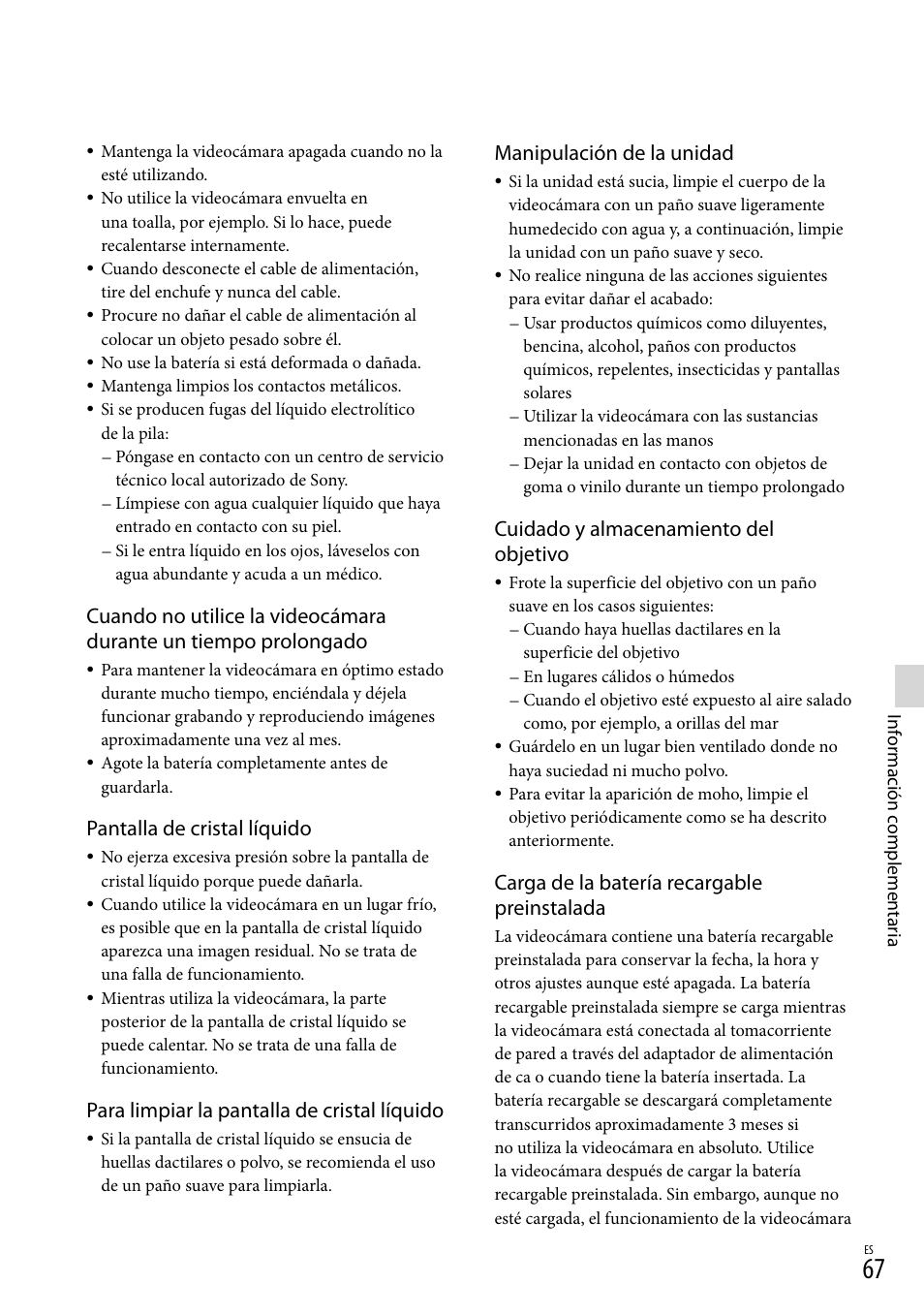 Pantalla de cristal líquido, Para limpiar la pantalla de cristal líquido, Manipulación de la unidad | Cuidado y almacenamiento del objetivo, Carga de la batería recargable preinstalada | Sony HDR-CX560V User Manual | Page 145 / 155